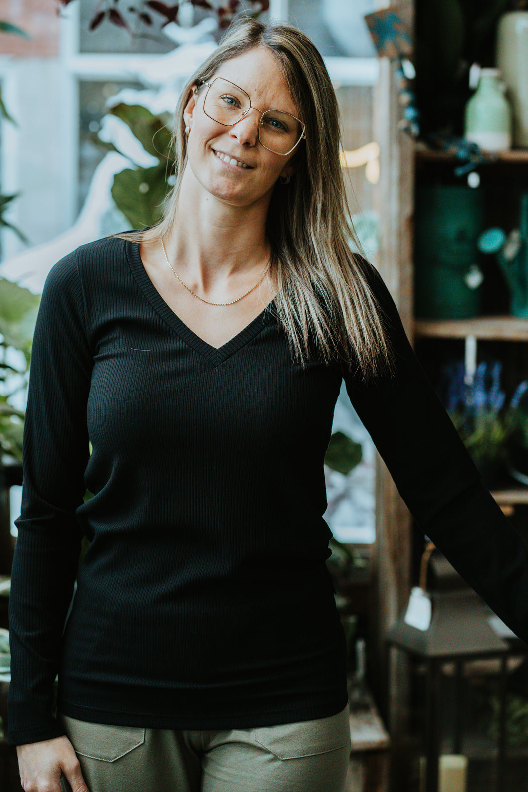 Chandail long col V - Rib noir