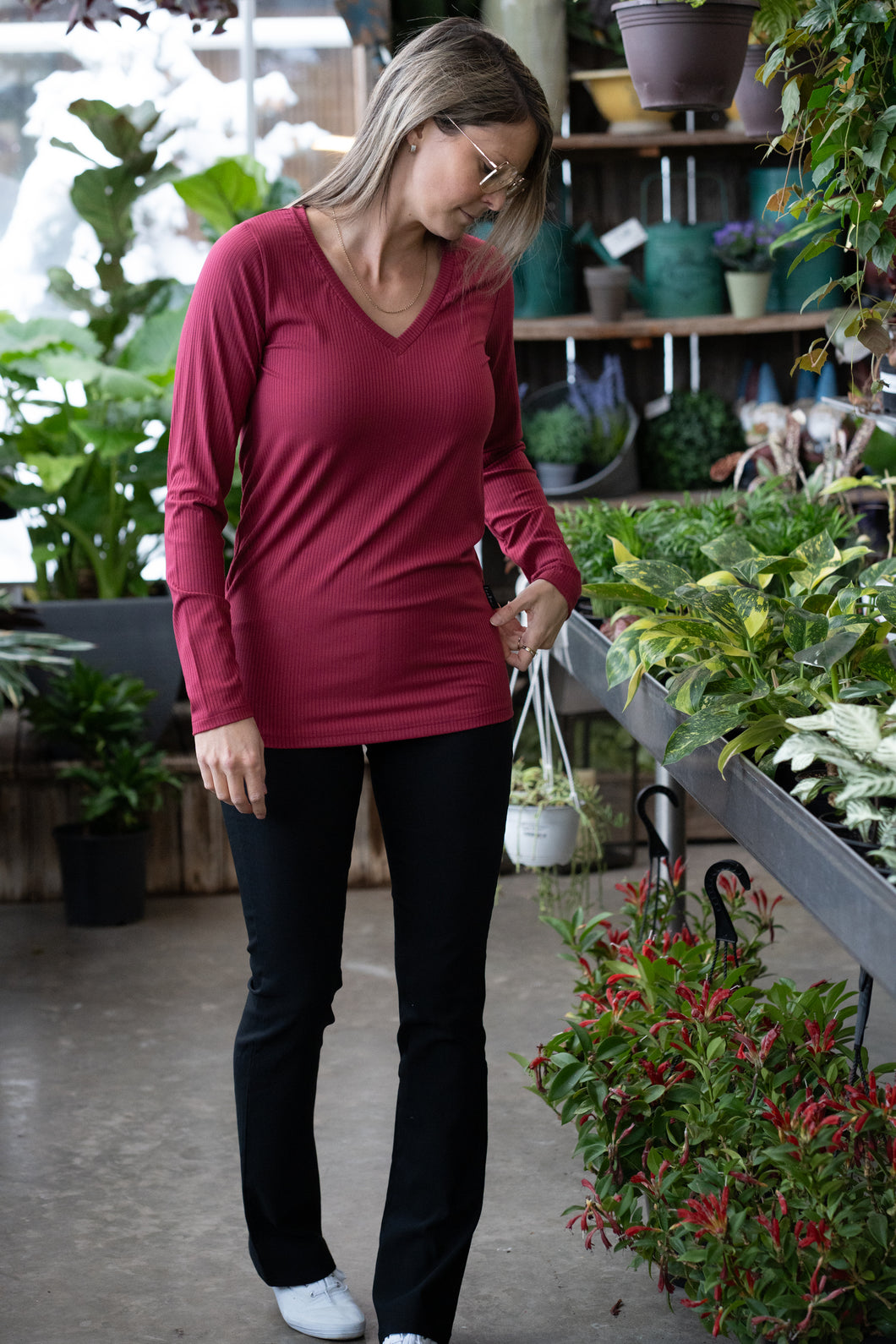 Chandail long col V - Rib Marsala