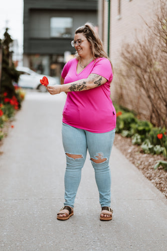 T-shirt Col V - Rib rose bonbon