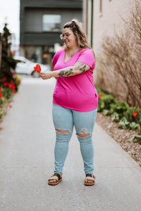 T-shirt Col V - Rib rose bonbon