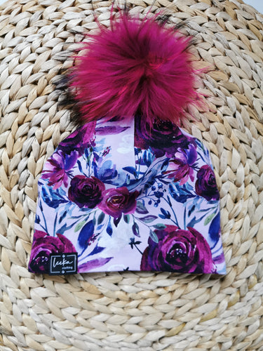 Tuque fleurie/lilas grosse fleur - SUR COMMANDE