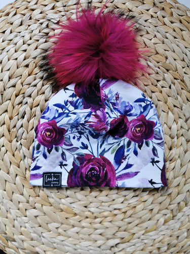 Tuque fleurie/blanc grosse fleur - SUR COMMANDE