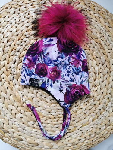 Tuque fleurie/lilas grosse fleur - SUR COMMANDE